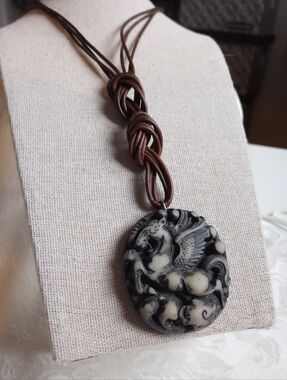 Carved Resin Pegasus Flying Horse Triple Cord 22in Necklace